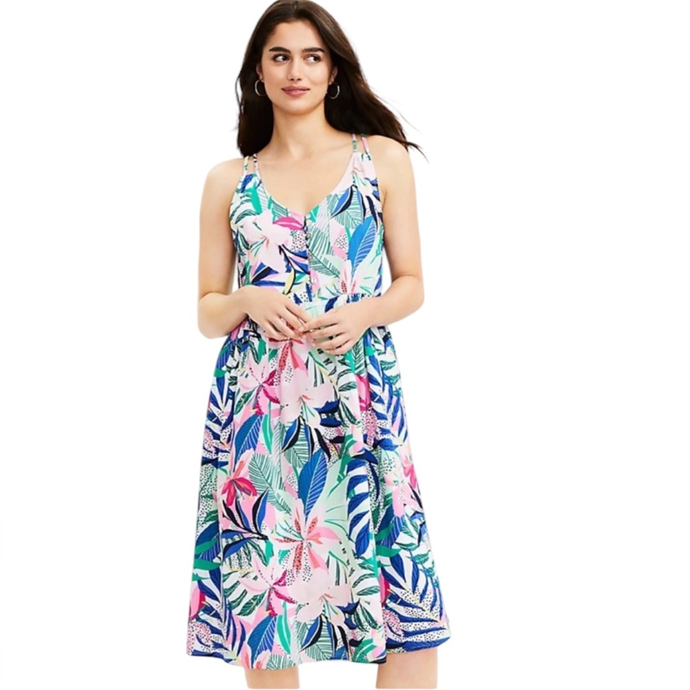 Loft Palm Print Double Strap V Neck Midi Dress Size 4 Resort Wear Flowy Chic - Picture 1 of 9